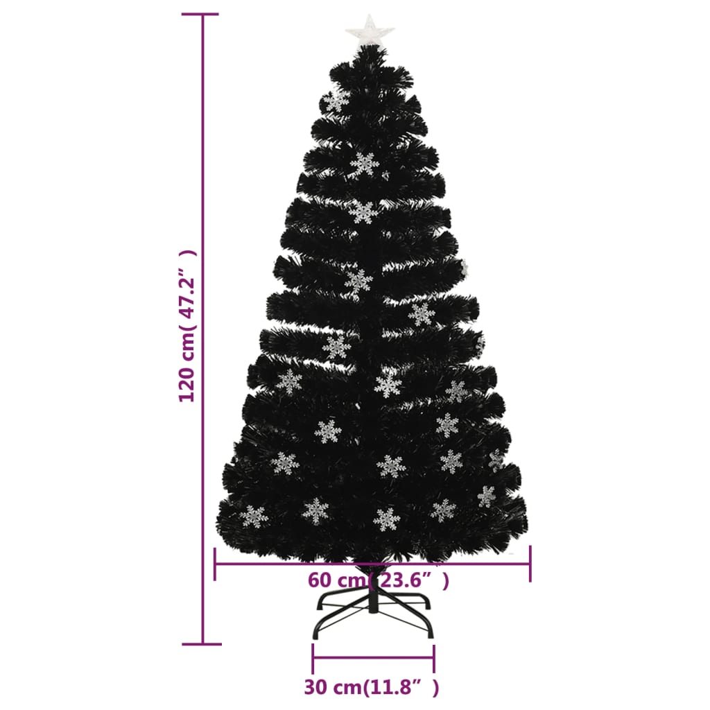 fekete száloptikás karácsonyfa LED-es hópelyhekkel 120 cm