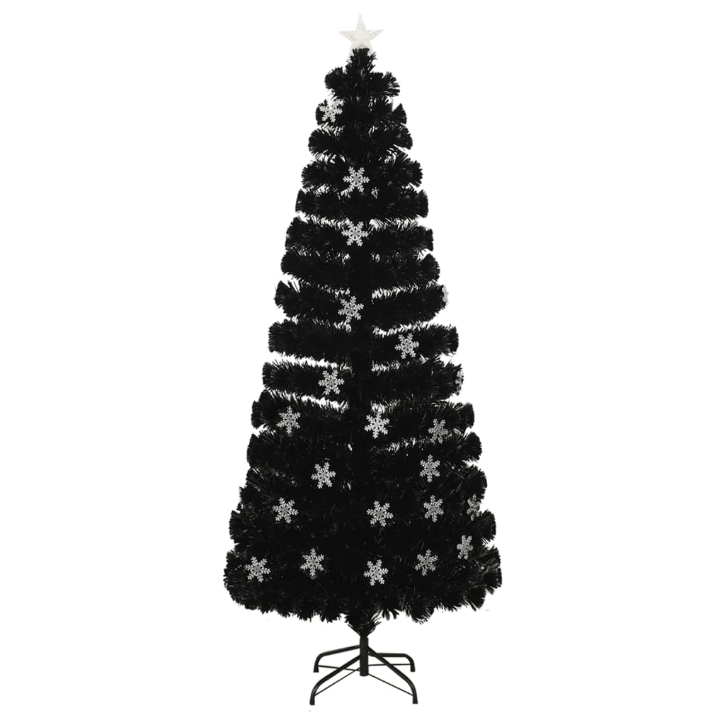 fekete száloptikás karácsonyfa LED-es hópelyhekkel 210 cm