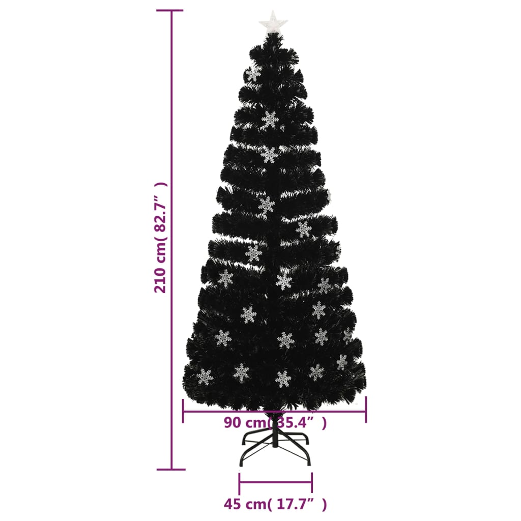 fekete száloptikás karácsonyfa LED-es hópelyhekkel 210 cm
