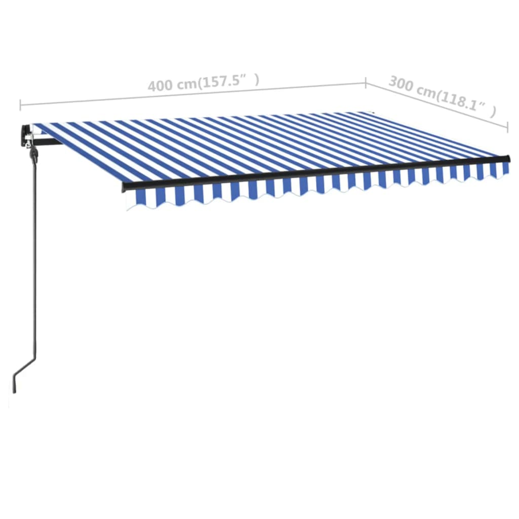 kék és fehér kézzel kihúzható LED-es napellenző 400 x 300 cm