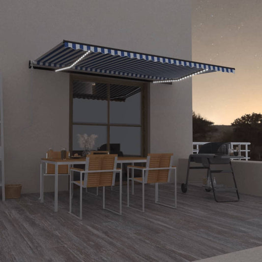kék/fehér automata szélérzékelős és LED-es napellenző 500x300cm