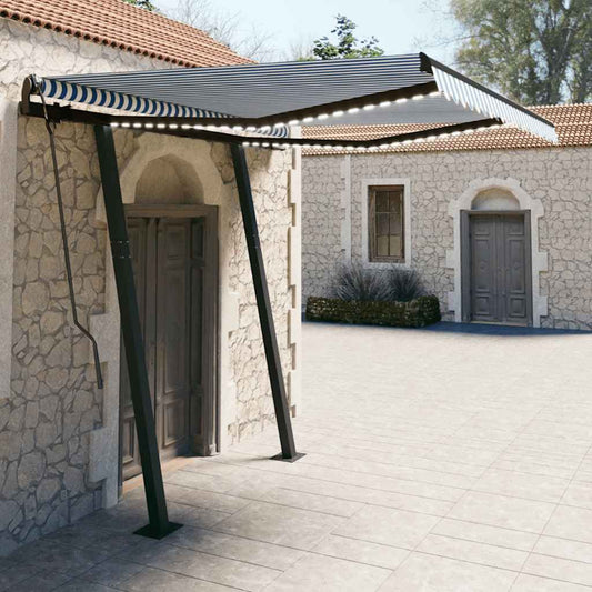 kék és fehér kézzel kihúzható LED-es napellenző 3,5 x 2,5 m