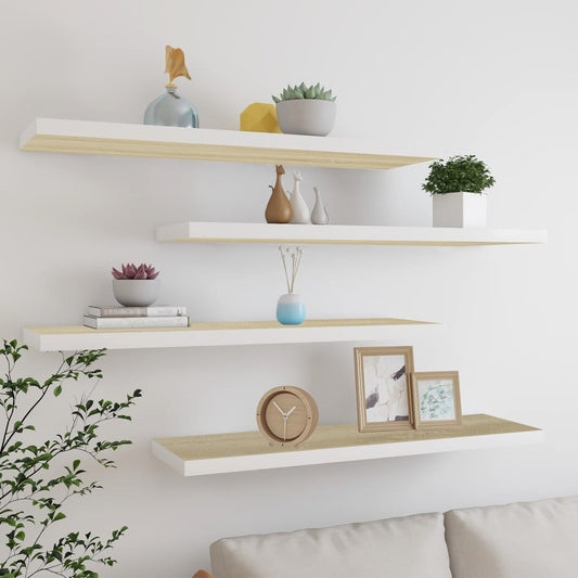4 db fehér-tölgyszínű MDF lebegő fali polc 90 x 23,5 x 3,8 cm