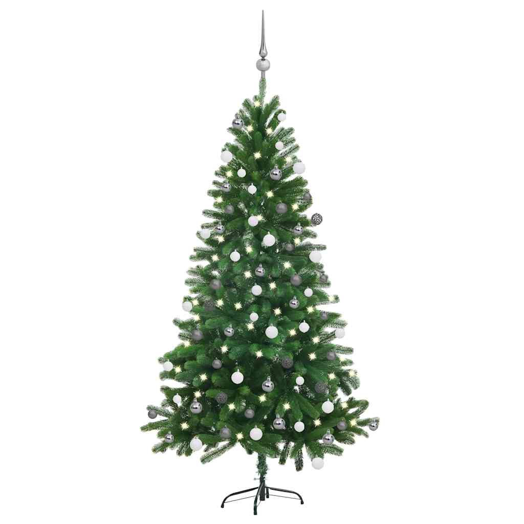zöld megvilágított műkarácsonyfa gömb szettel 150 cm