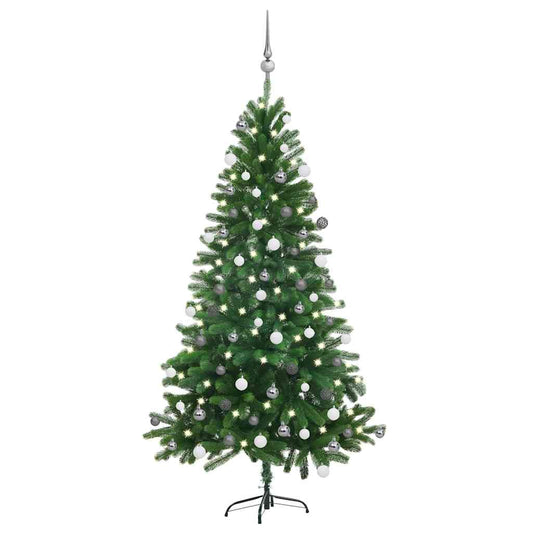 zöld megvilágított műkarácsonyfa gömb szettel 150 cm
