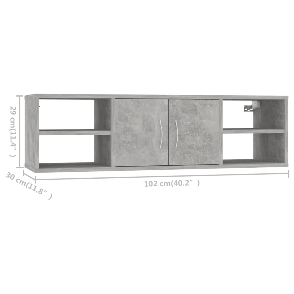 betonszürke szerelt fa fali polc 102 x 30 x 29 cm