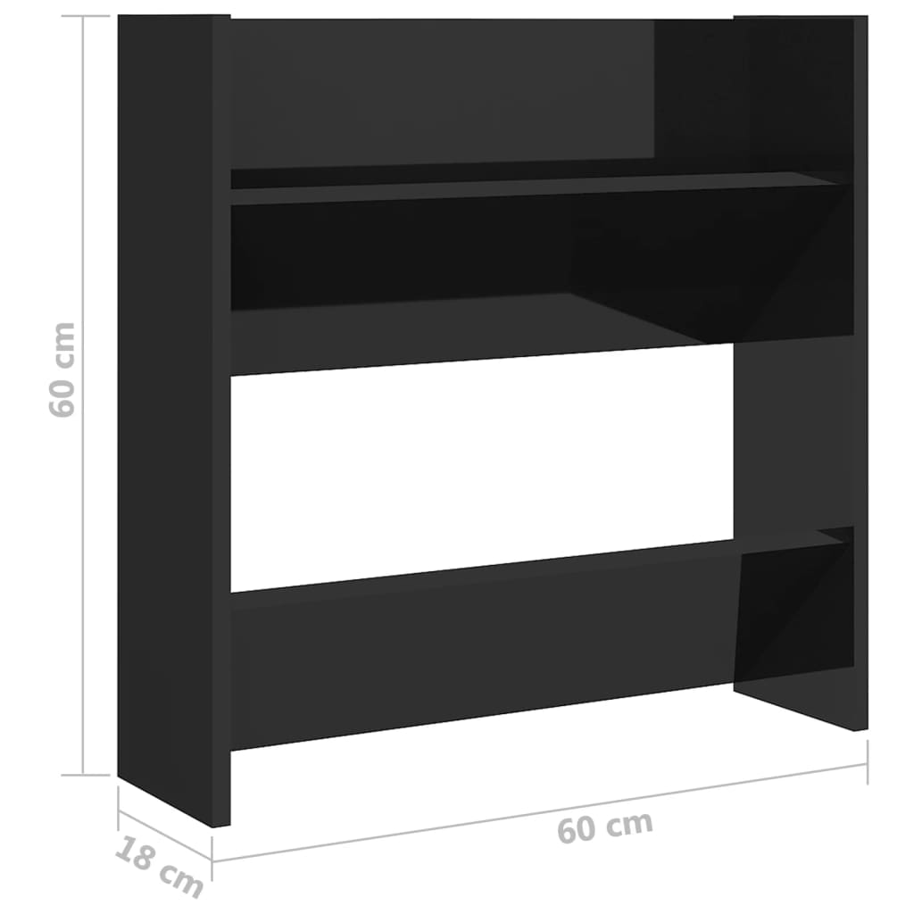 4 db magasfényű fekete szerelt fa fali cipősszekrény 60x18x60cm