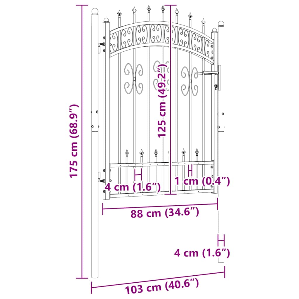 fekete porszórt acél kerítéskapu lándzsás tetejjel 103 x 125 cm