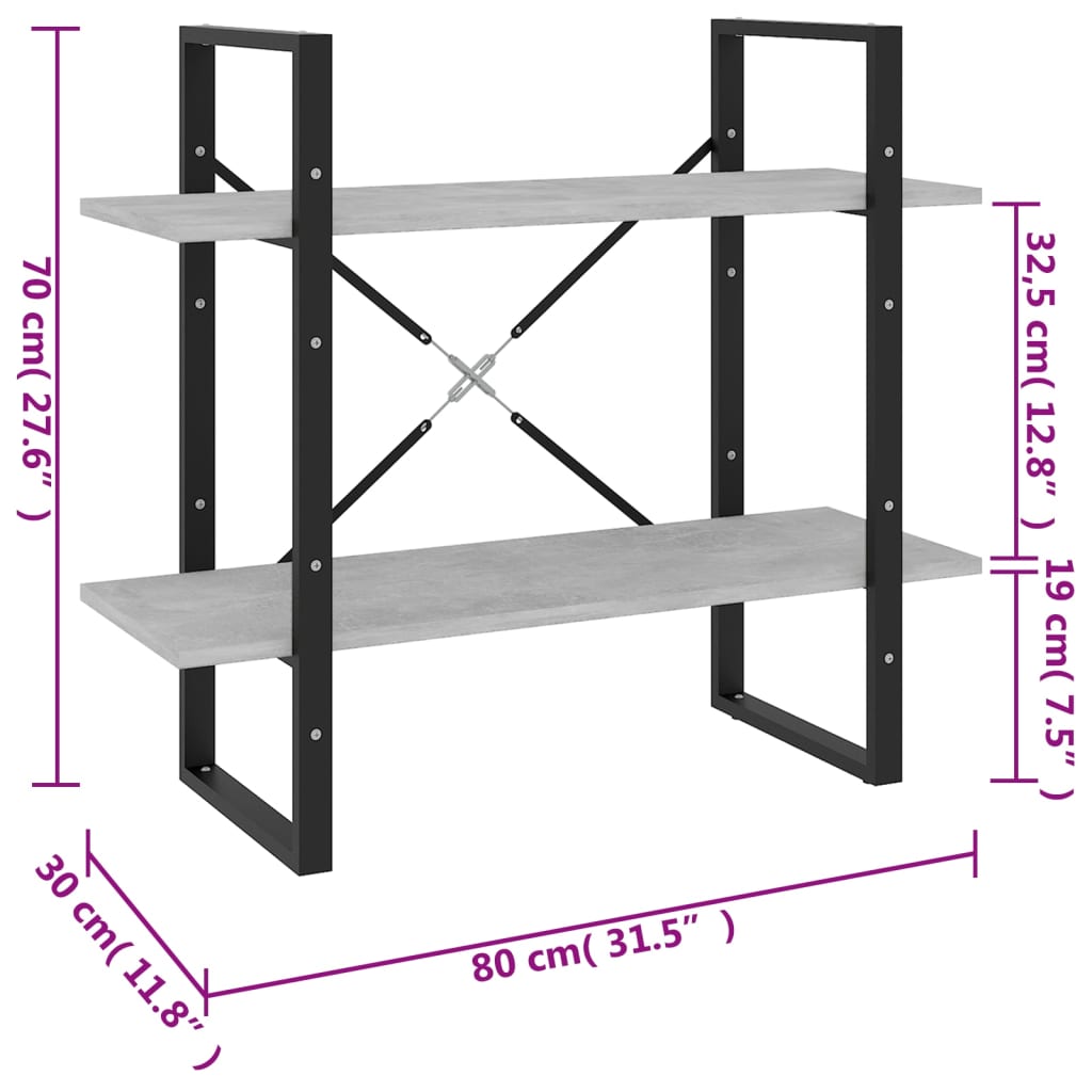 2-szintes betonszürke szerelt fa könyvszekrény 80 x 30 x 70 cm
