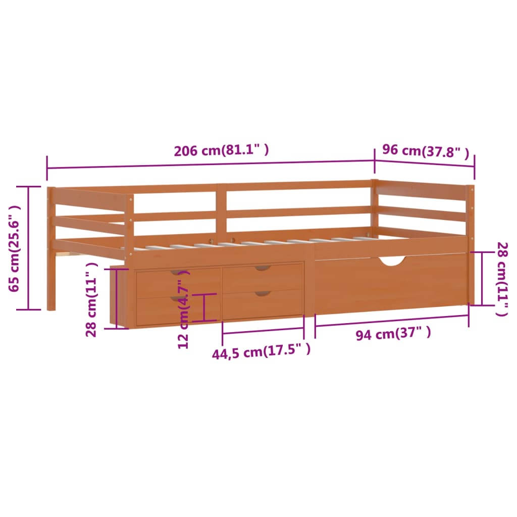 mézbarna fenyőfa ágykeret fiókokkal és szekrénnyel 90 x 200 cm