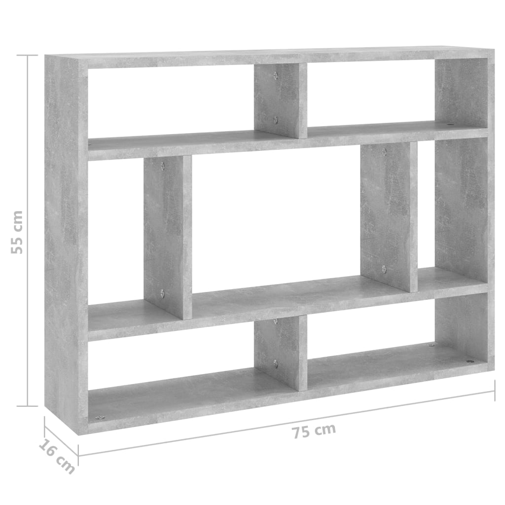 betonszürke szerelt fa fali polc 75 x 16 x 55 cm
