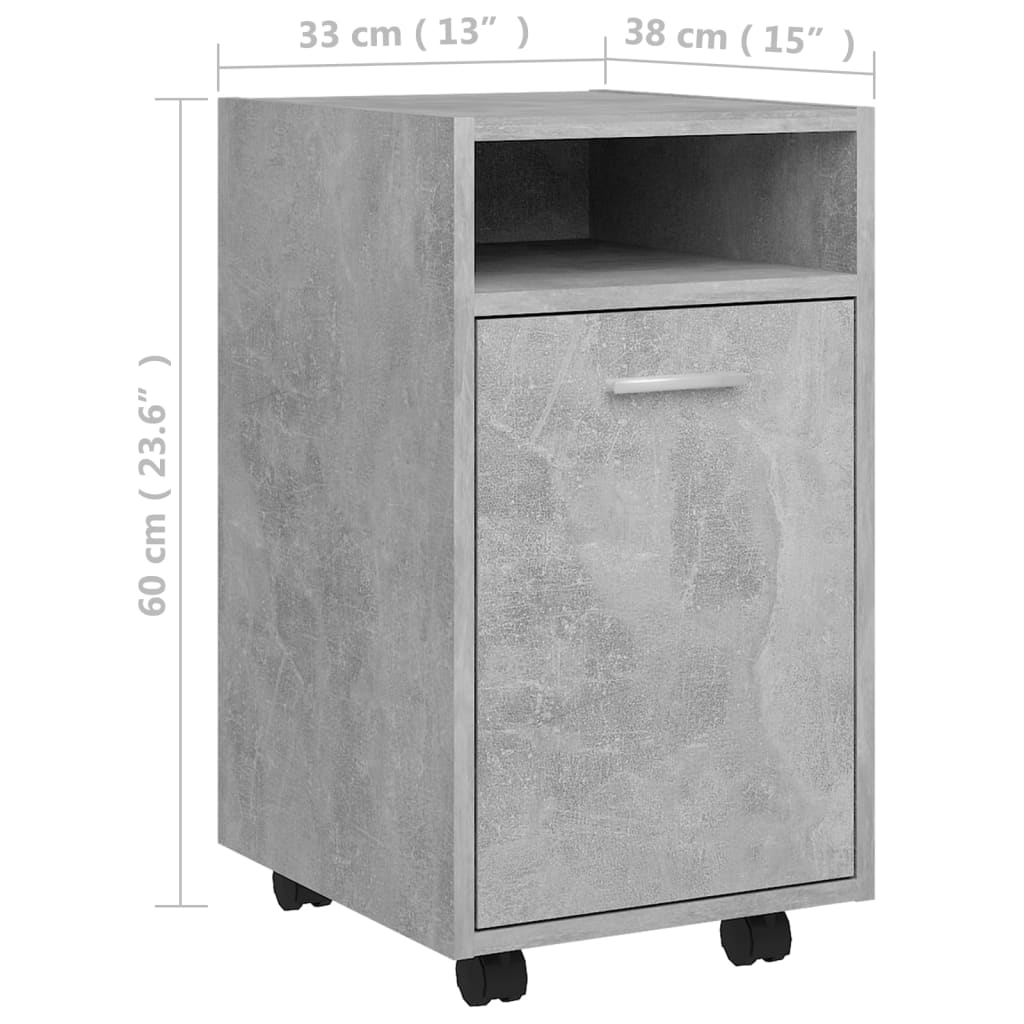 betonszürke szerelt fa kerekes kisszekrény 33 x 38 x 60 cm