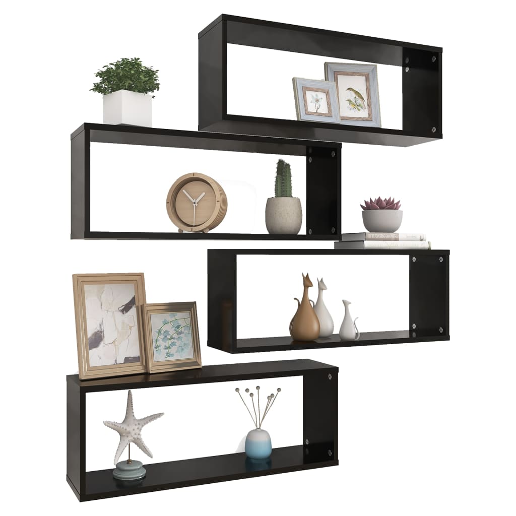 4 db fekete szerelt fa négyszögű fali polc 60 x 15 x 23 cm