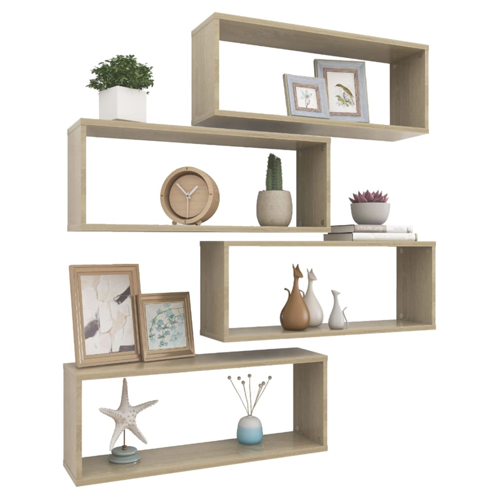 4 db sonoma tölgy szerelt fa négyszögű fali polc 60x15x23cm