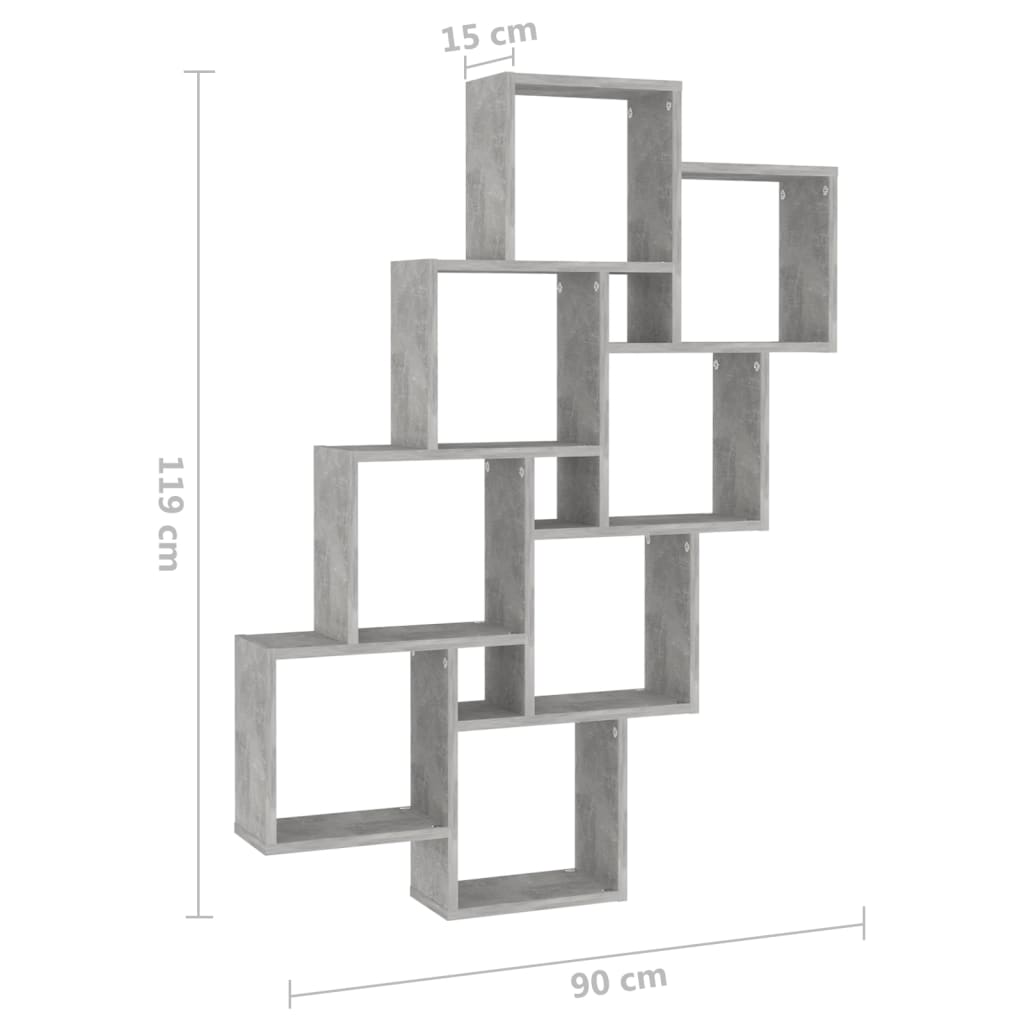 betonszürke szerelt fa négyszögű fali polc 90 x 15 x 119 cm