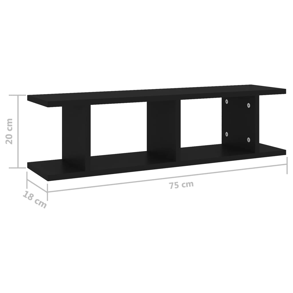 2 db fekete szerelt fa fali polc 75 x 18 x 20 cm