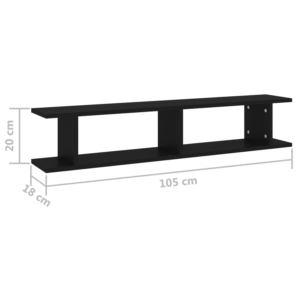 2 db fekete forgácslap fali polc 105 x 18 x 20 cm