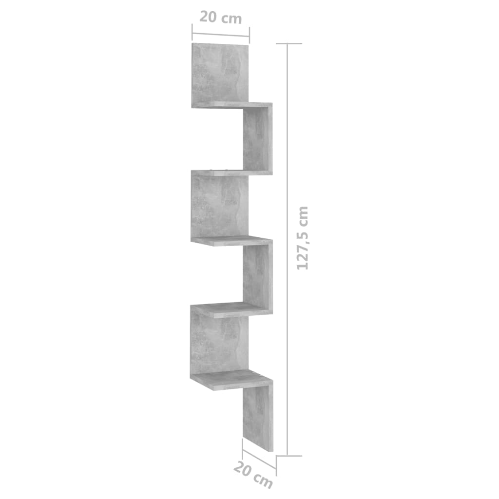 betonszürke szerelt fa fali sarokpolc 20 x 20 x 127,5 cm