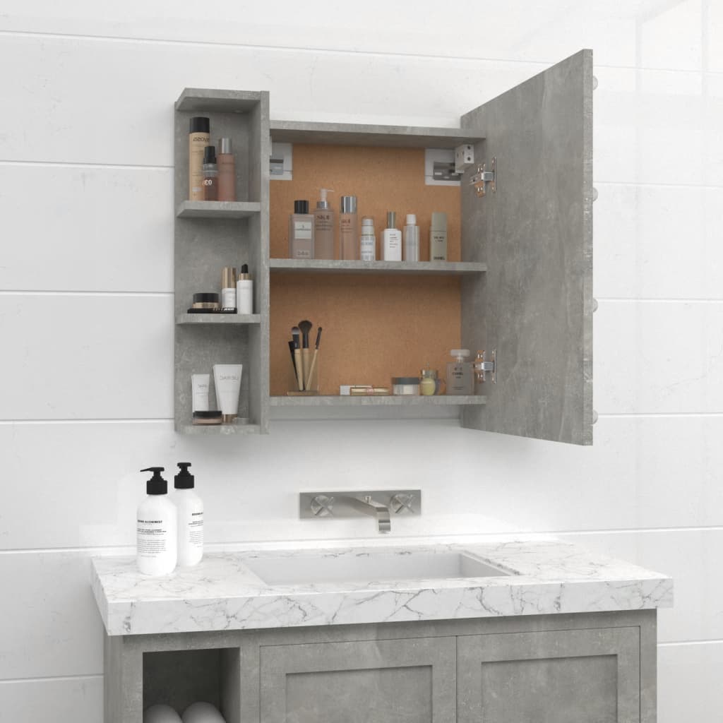 betonszürke tükrös szekrény LED-ekkel 70 x 16,5 x 60 cm