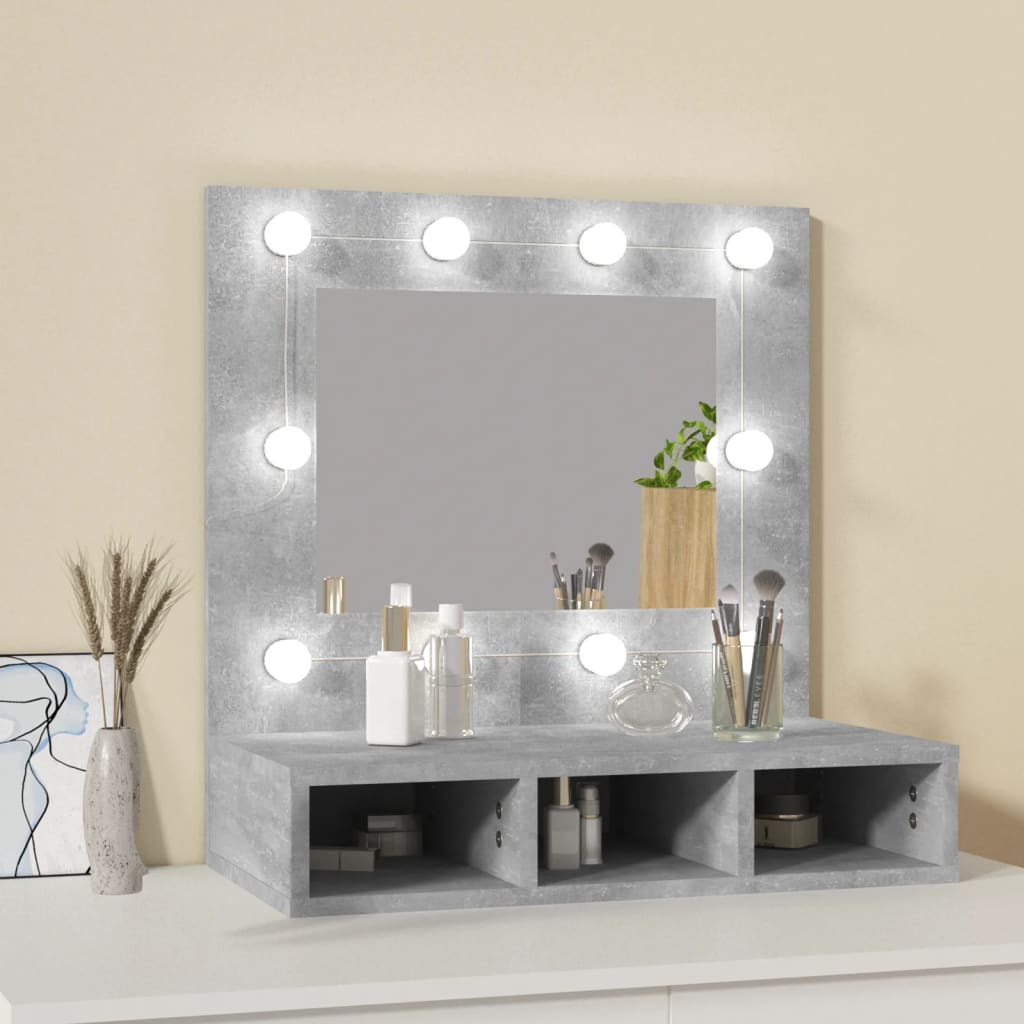 betonszürke tükrös szekrény LED-ekkel 60 x 31,5 x 62 cm