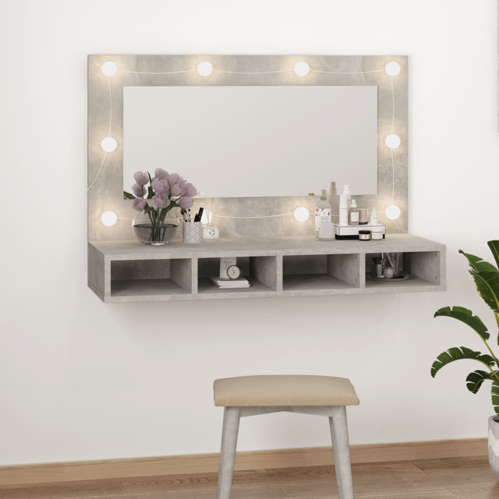 betonszürke tükrös szekrény LED-ekkel 90 x 31,5 x 62 cm
