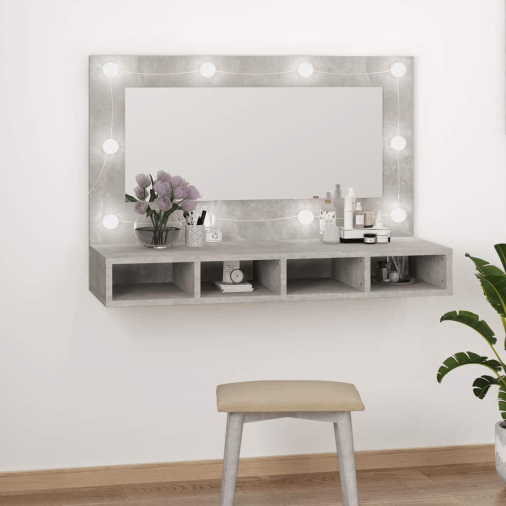 betonszürke tükrös szekrény LED-ekkel 90 x 31,5 x 62 cm