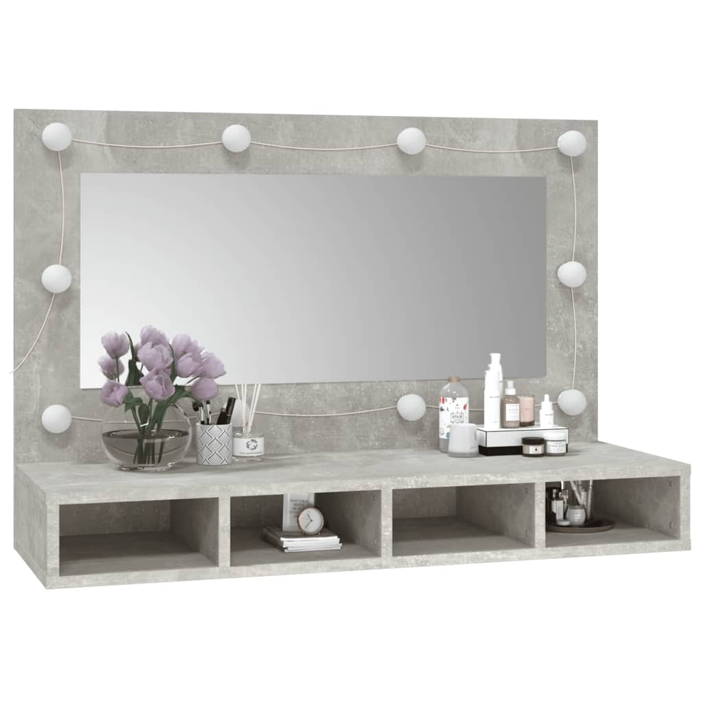 betonszürke tükrös szekrény LED-ekkel 90 x 31,5 x 62 cm