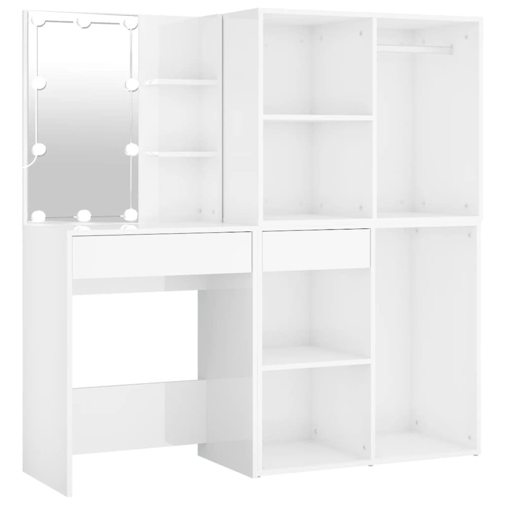 magasfényű fehér fa LED-es fésülködőasztal 2 szekrénnyel