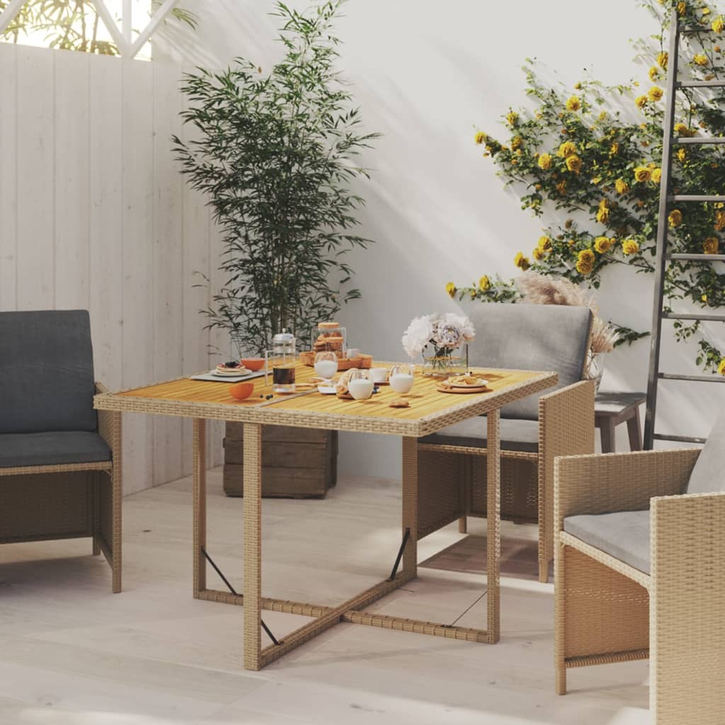 bézs polyrattan és tömör akácfa kerti asztal 109 x 107 x 74 cm