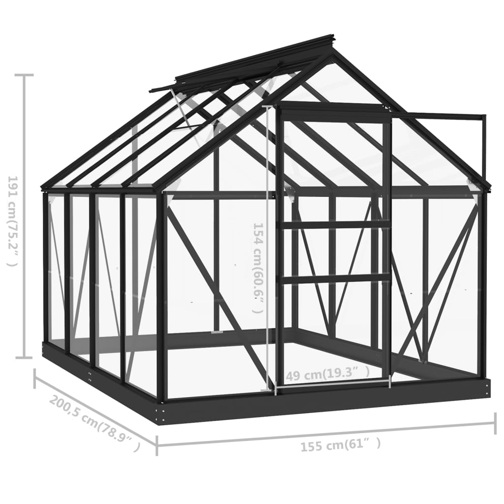 antracitszürke üveg és alumínium melegház 155 x 200,5 x 191 cm