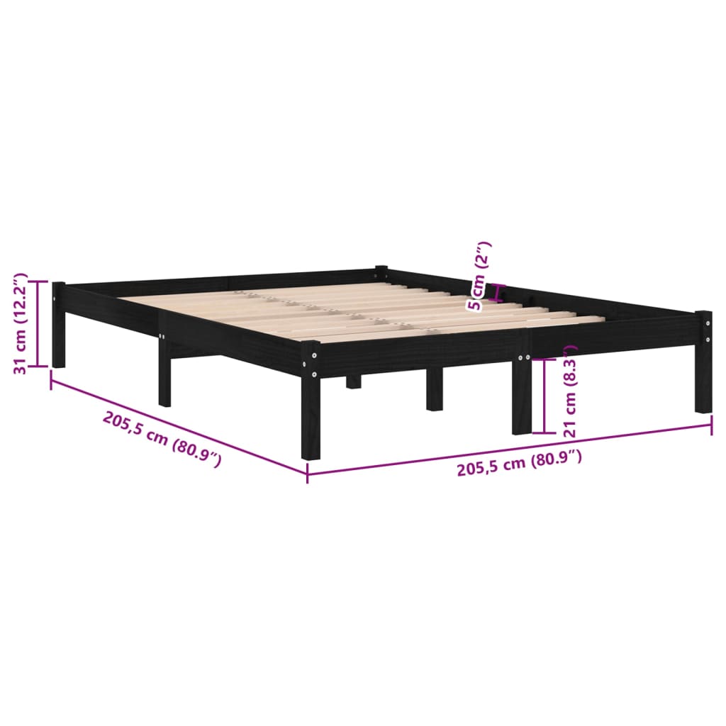 fekete tömör fenyőfa ágykeret 200 x 200 cm
