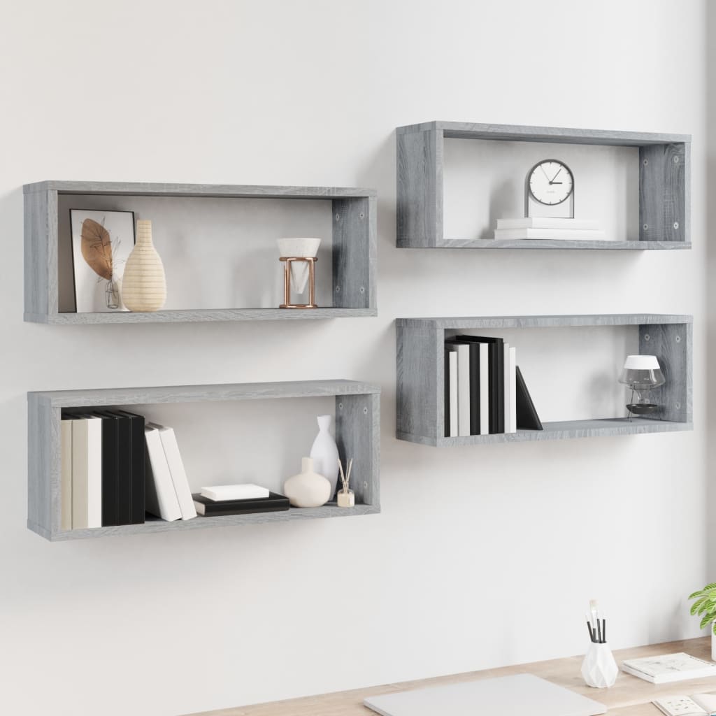 4 db szürke sonoma színű szerelt fa fali kockapolc 60x15x23 cm