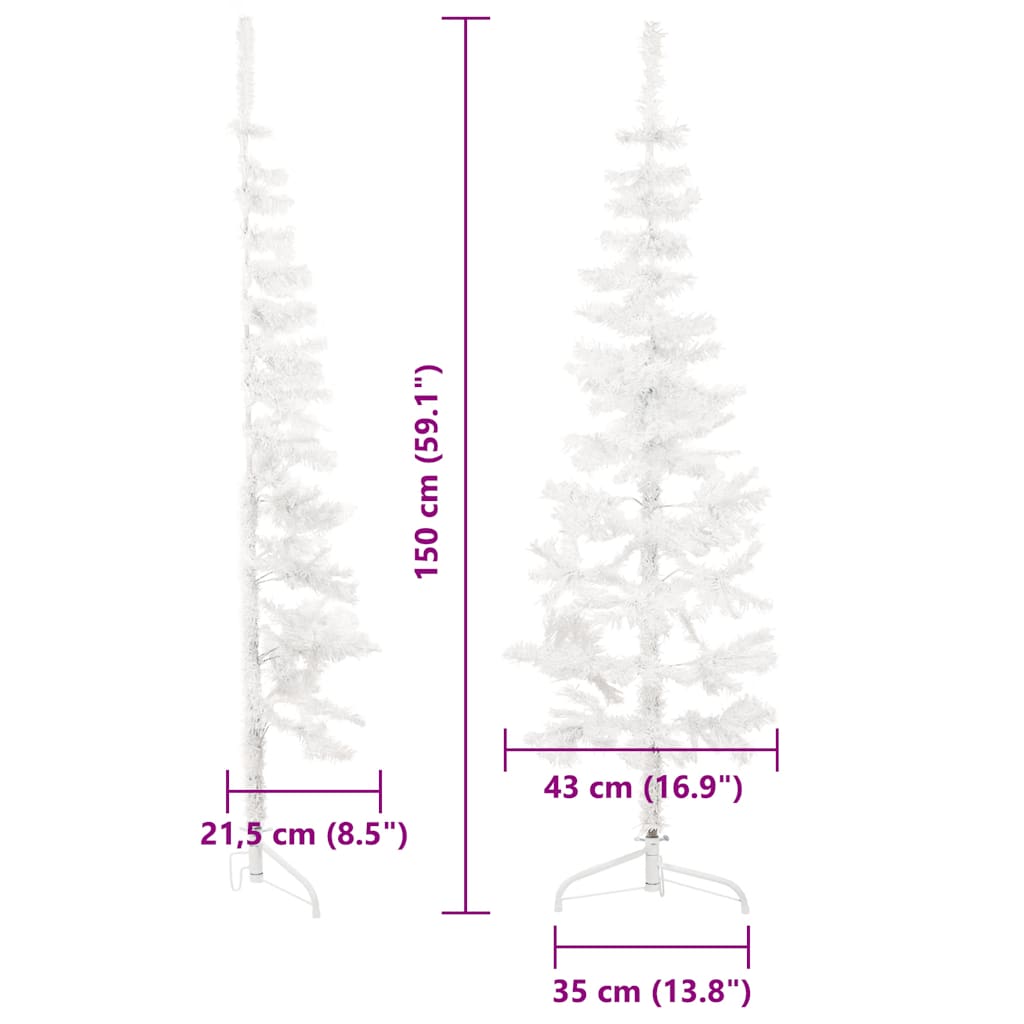 fehér vékony fél műkarácsonyfa állvánnyal 150 cm