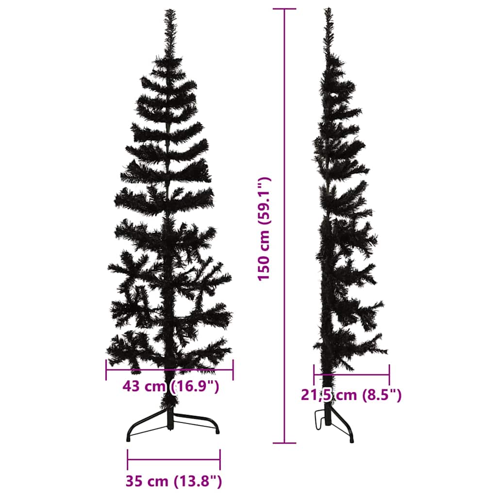 fekete vékony fél műkarácsonyfa állvánnyal 150 cm