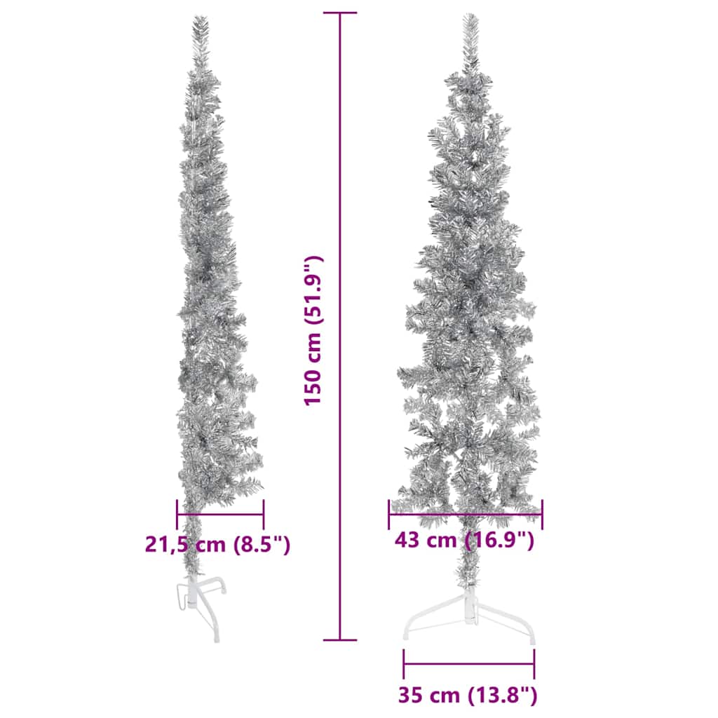 ezüst vékony fél műkarácsonyfa állvánnyal 150 cm