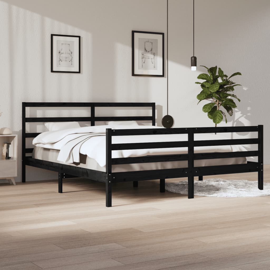 fekete tömör fenyőfa ágykeret 200 x 200 cm