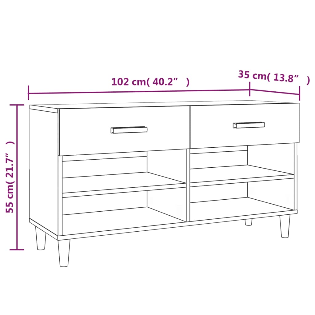 magasfényű fehér szerelt fa cipőszekrény 102x35x55 cm