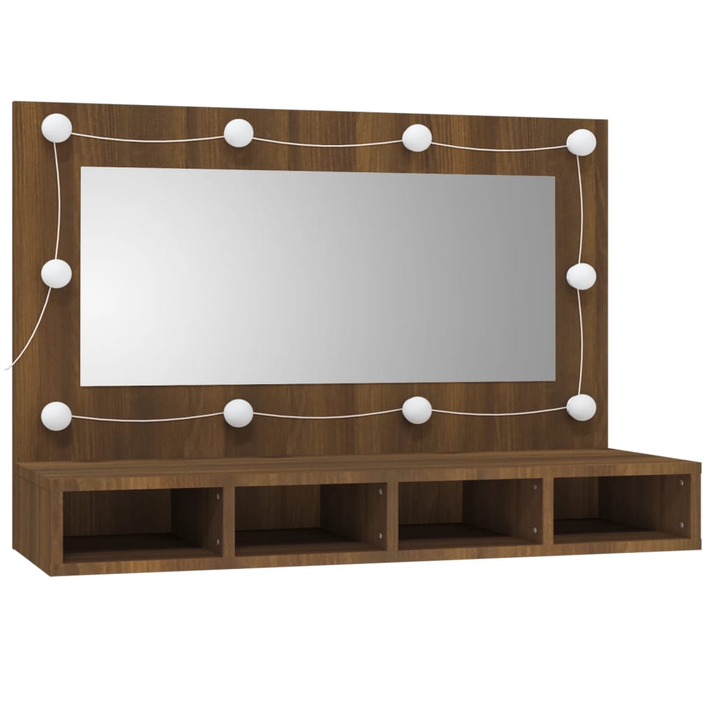 barna tölgy színű tükrös szekrény LED-ekkel 90 x 31,5 x 62 cm