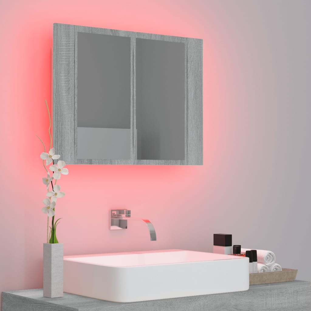 szürke sonoma színű szerelt fa tükörszekrény LED-del 60x12x45cm