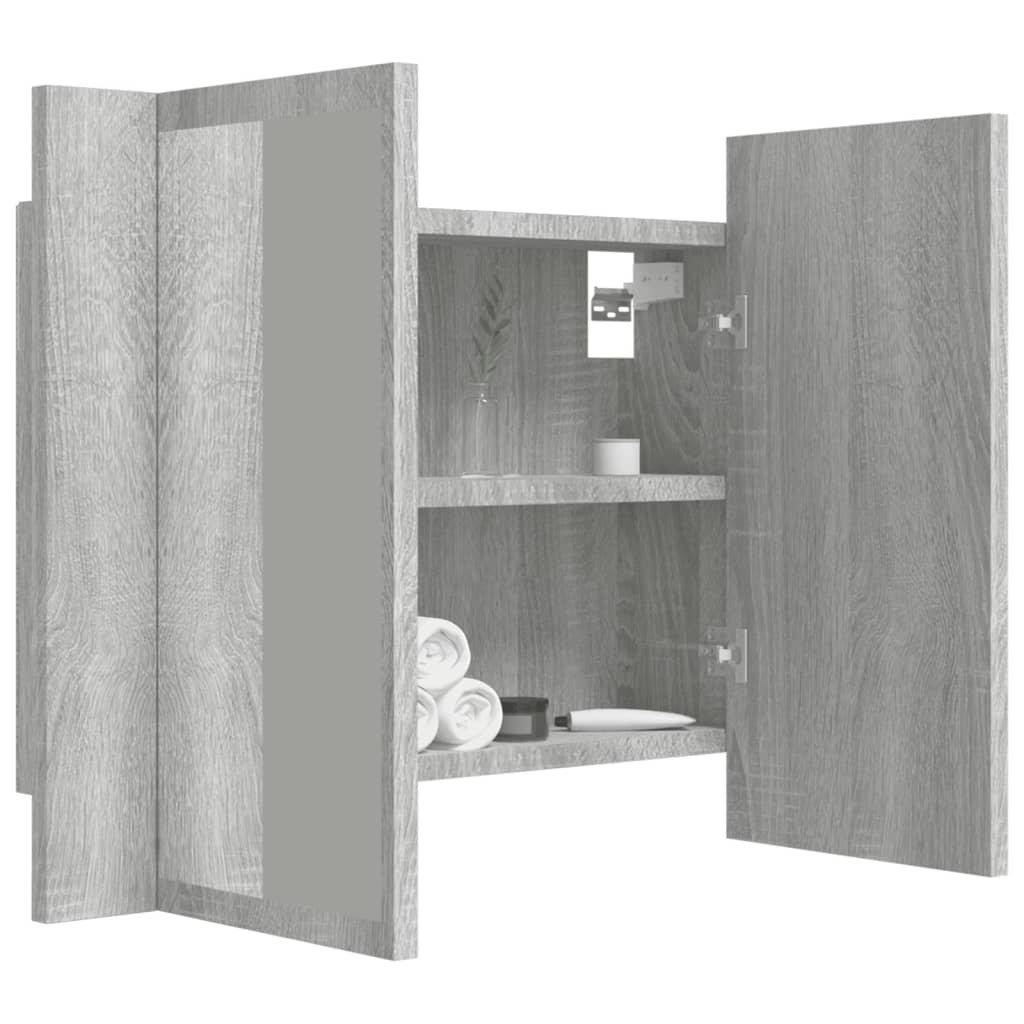 szürke sonoma színű szerelt fa tükörszekrény LED-del 60x12x45cm