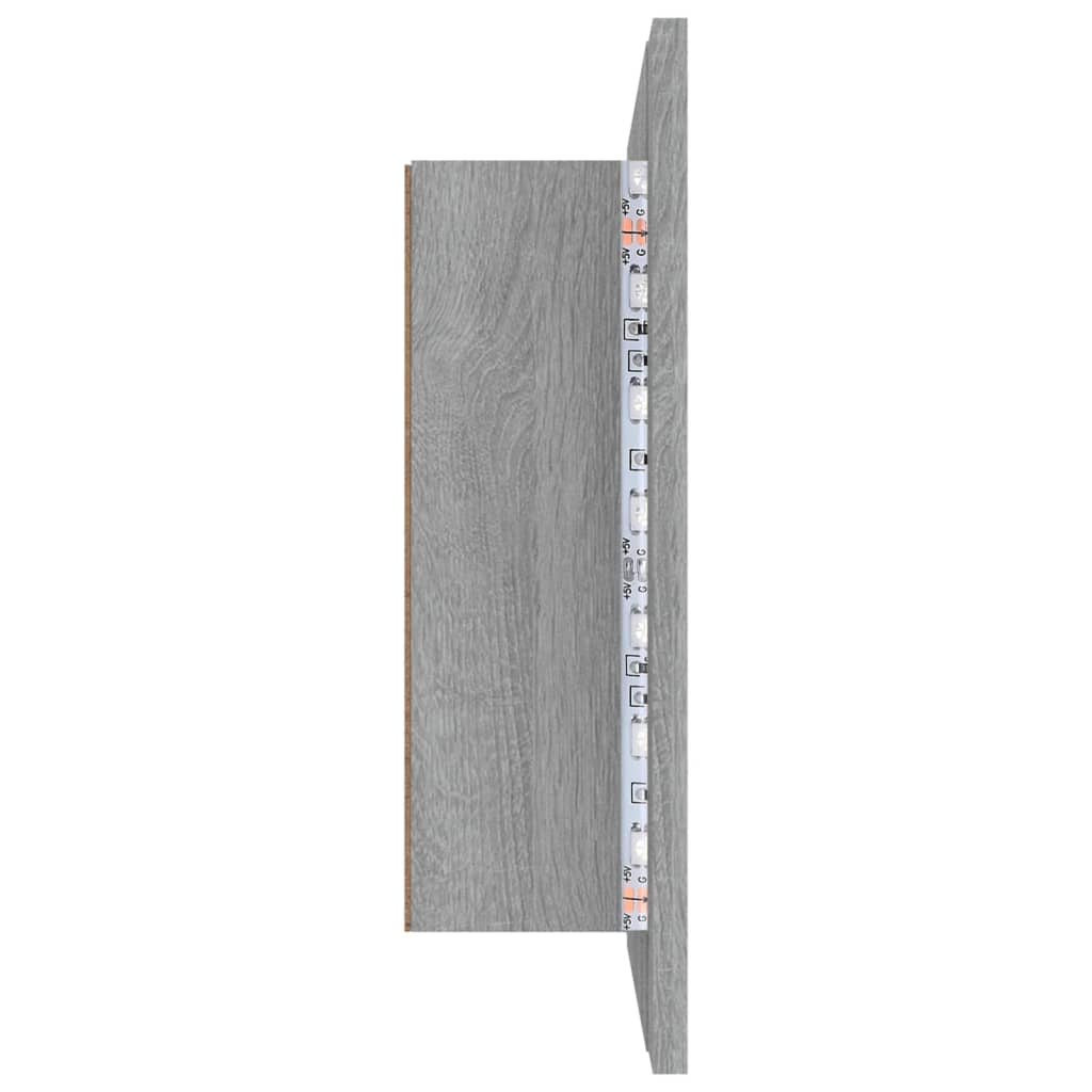 szürke sonoma színű szerelt fa tükörszekrény LED-del 60x12x45cm