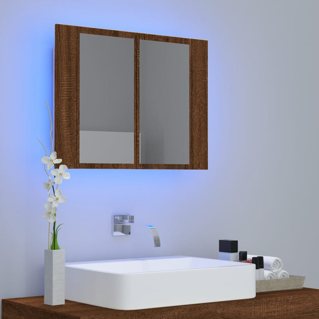 barna tölgyszínű szerelt fa tükörszekrény LED-del 60x12x45 cm