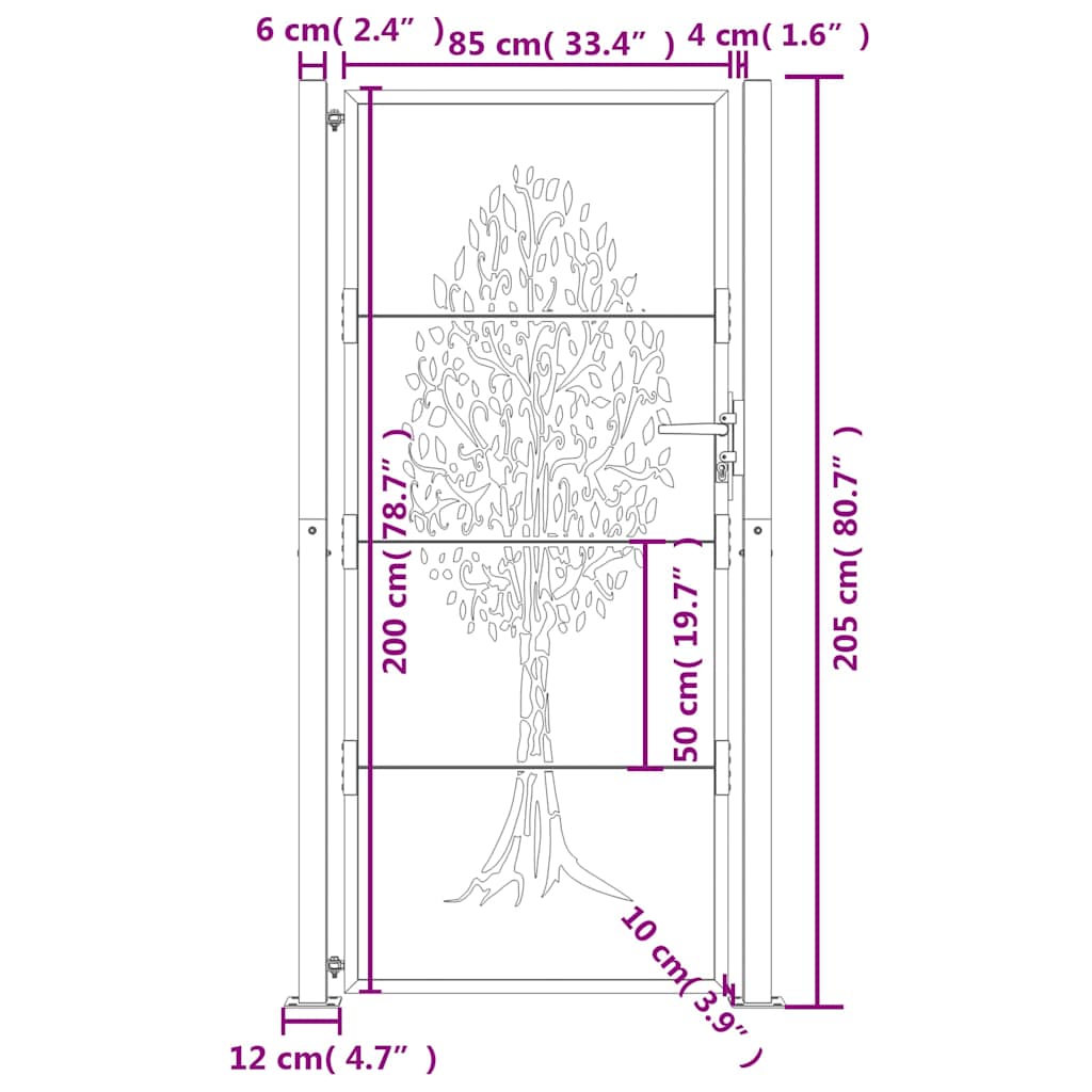rozsdaszínű famintás corten acél kerti kapu 105 x 205 cm