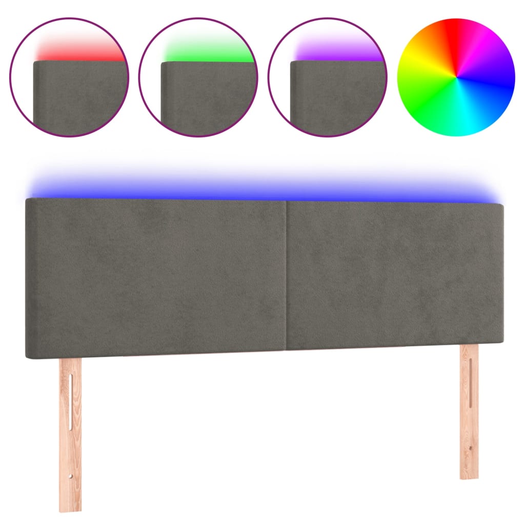 sötétszürke bársony LED-es fejtámla 144x5x78/88 cm