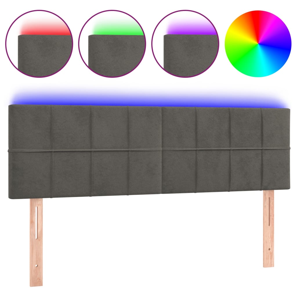 sötétszürke bársony LED-es fejtámla 144x5x78/88 cm