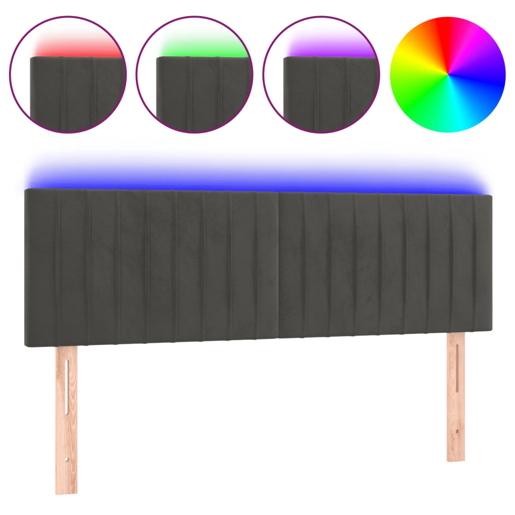 sötétszürke bársony LED-es fejtámla 144x5x78/88 cm