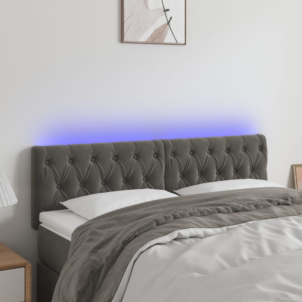 sötétszürke bársony LED-es fejtámla 144 x 7 x 78/88 cm