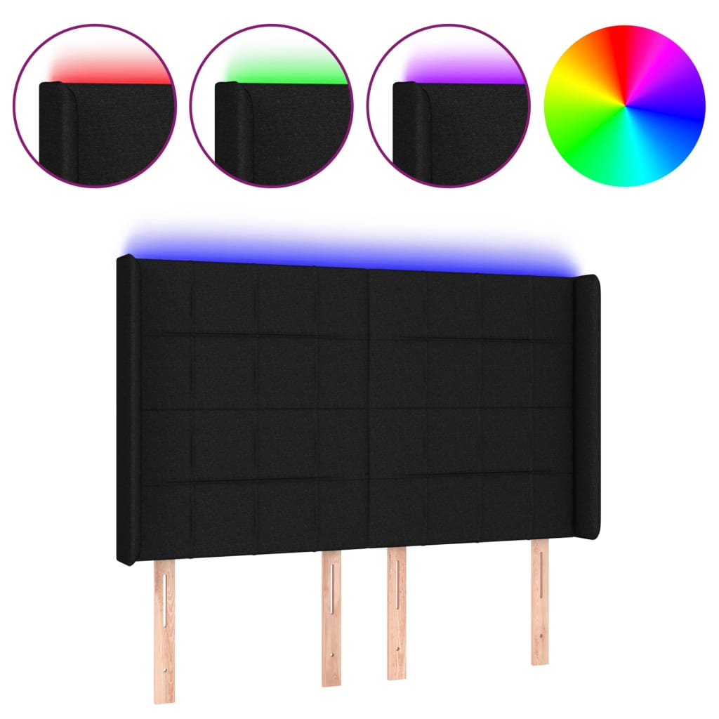 fekete szövet LED-es fejtámla 144x5x118/128 cm