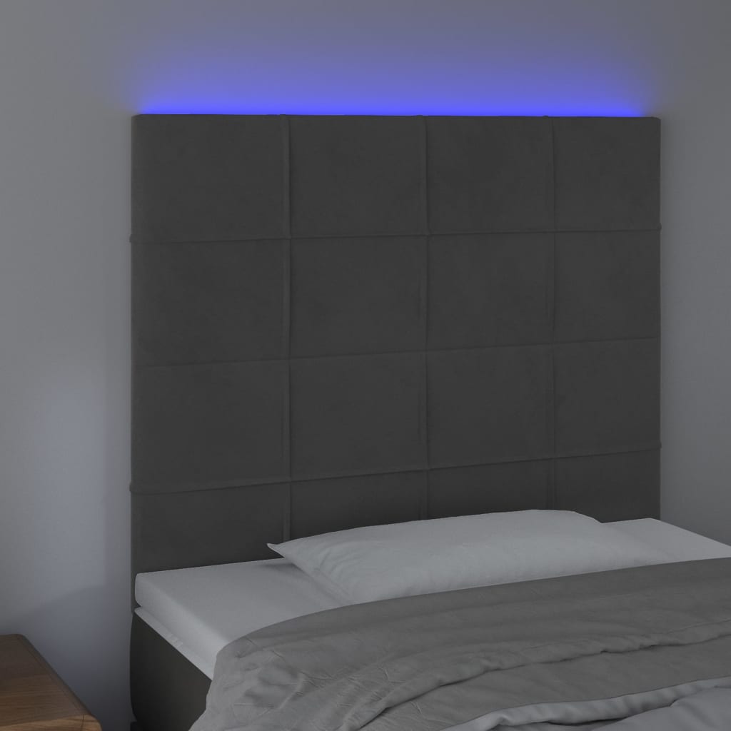 sötétszürke bársony LED-es fejtámla 100x5x118/128 cm
