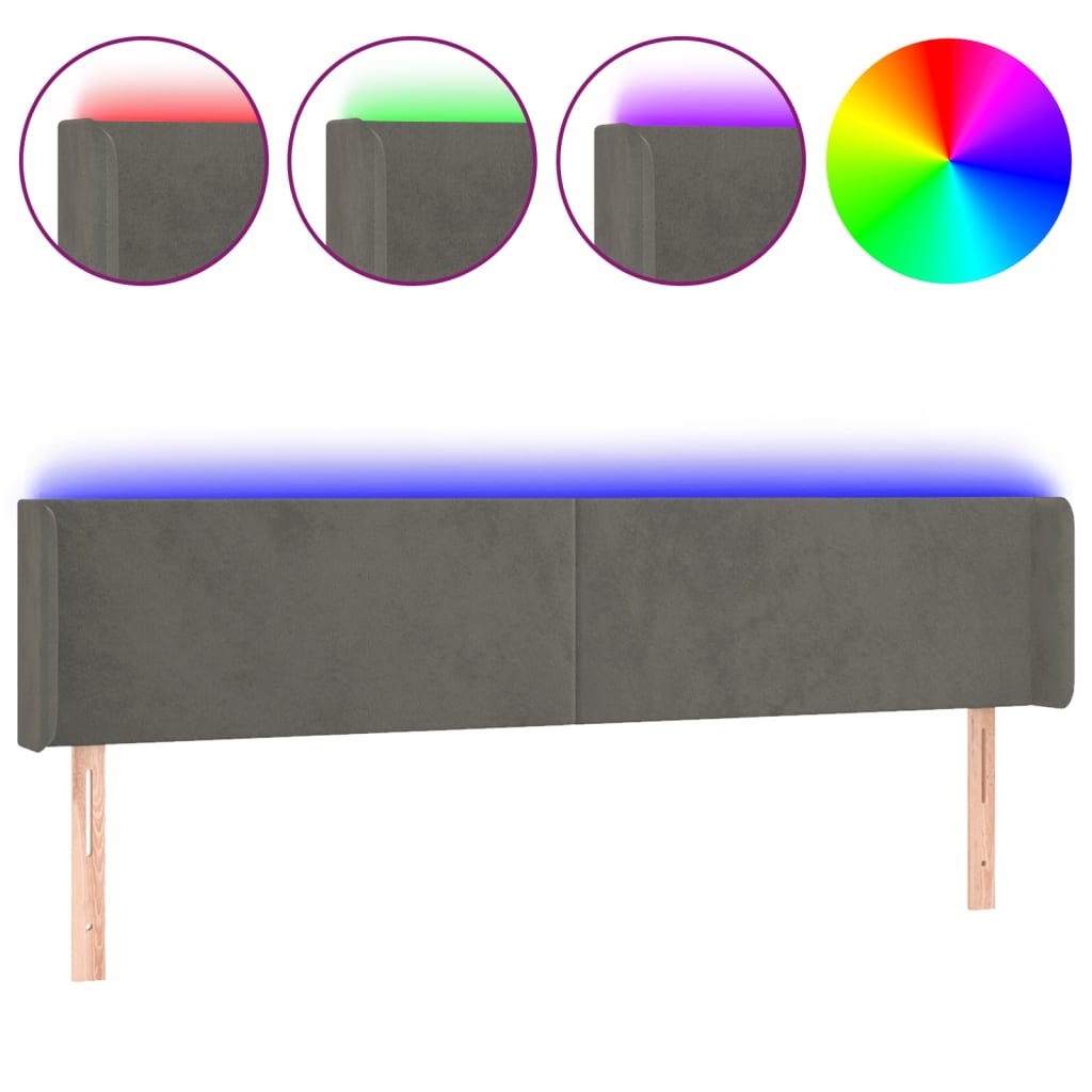 sötétszürke bársony LED-es fejtámla 183 x 16 x 78/88 cm